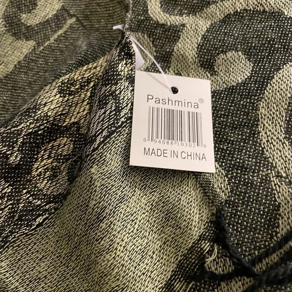 Women's Scarf Pashmina  Gold Green Brown Paisley Fringe 27